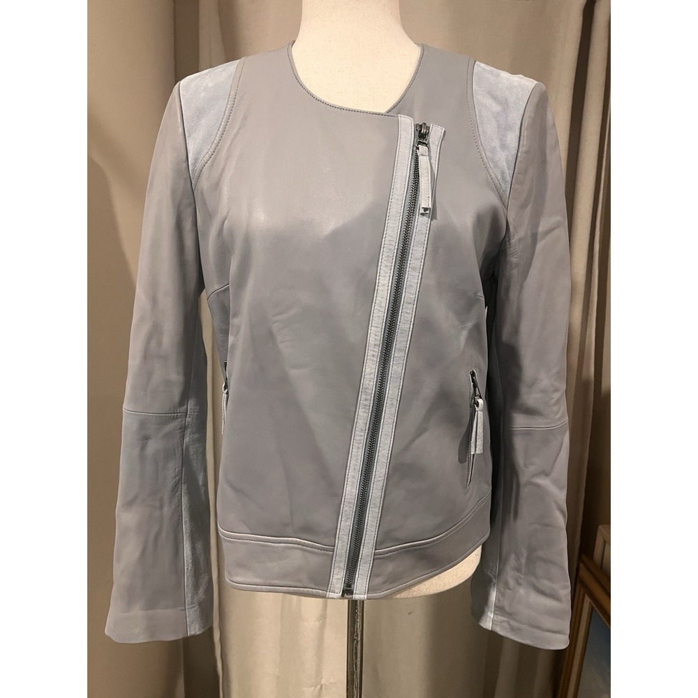Joie Women's Leather And Suede Jacket Gray‎ Leather And Light Blue Suede L